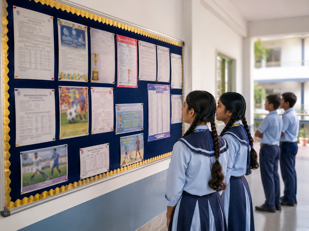 St. Xavier's students reading announcements on the school notice board in the corridor